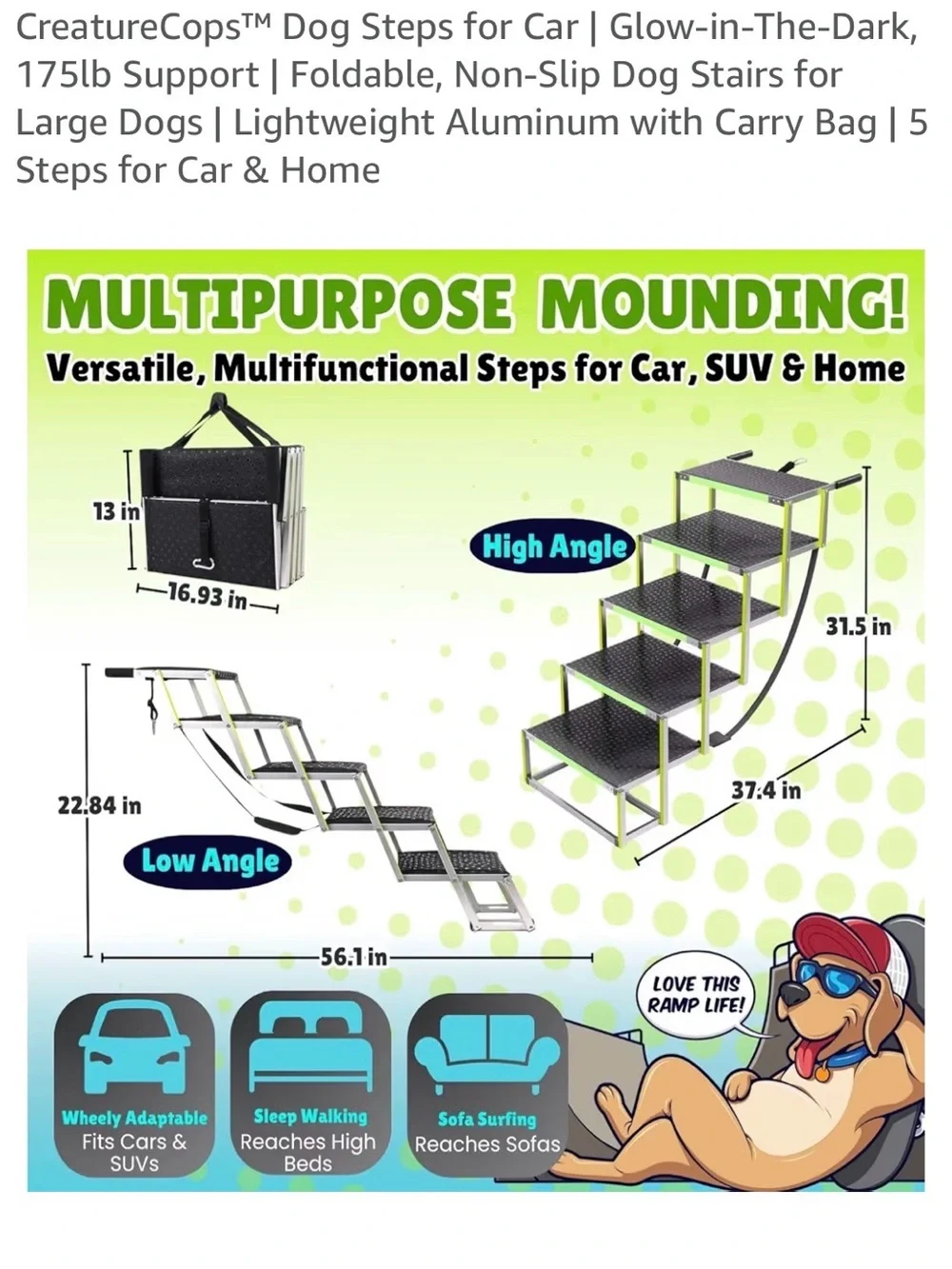 Folding Pet Ramp/Stairs for Cars - Black & Lime Green
